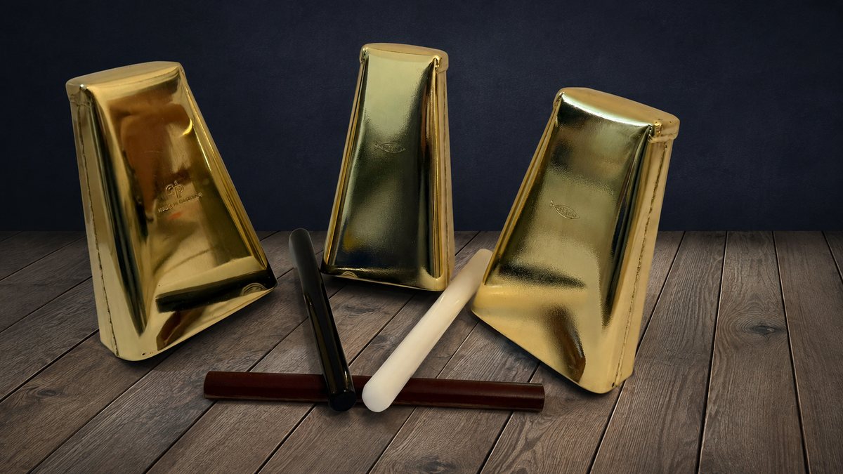 Campanas doradas Herencia Musical HM con baquetas, listas para escoger tono antes de comprar
